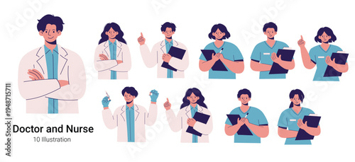vector illustration of a doctor and nurse in different poses 