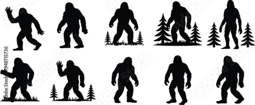 Bigfoot sasquatch silhouette set with walking poses and forest trees, mythical cryptid creature illustration collection isolated on white background for legend wildlife design