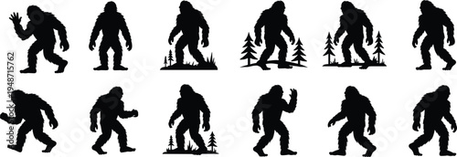 Bigfoot sasquatch silhouette collection showing walking poses with forest trees, mythical creature illustration set isolated on white background for wildlife legend design