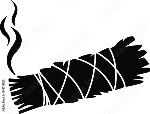 Burning sage smudge stick silhouette with smoke, traditional herbal cleansing bundle for spiritual ritual, meditation, and energy purification isolated on white background