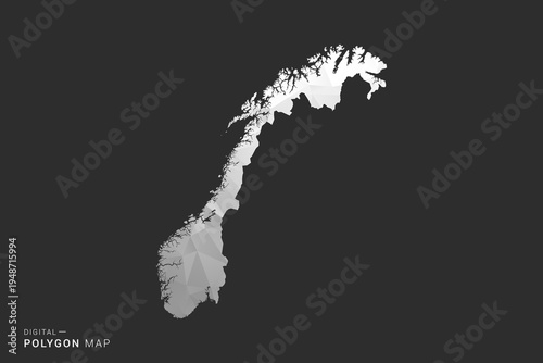 Norway Map - Polygon style vector illustration in black, gray and white low poly geometric design, minimal silhouette, isolated for infographic.