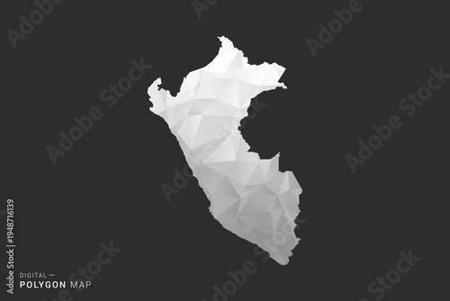Peru Map - Polygon style vector illustration in black, gray and white low poly geometric design, minimal silhouette, isolated for infographic.