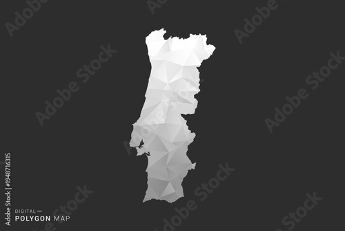 Portugal Map - Polygon style vector illustration in black, gray and white low poly geometric design, minimal silhouette, isolated for infographic.
