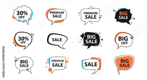 Assorted set of promotional sale speech bubbles includes labels for big sale, premium sale, and percentage discounts.