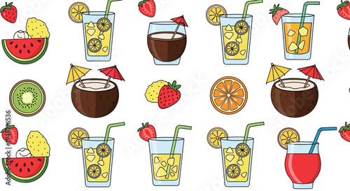 Set of 20 colorful summer drink icons vector