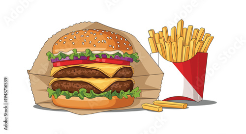 Delicious double patty cheeseburger in a paper wrapper is shown next to a red container of crispy french fries.