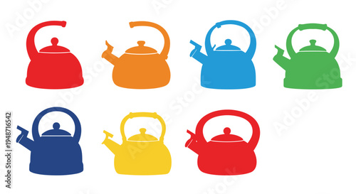 Selection of seven traditional stovetop kettles is presented as solid silhouettes in various bright colors.