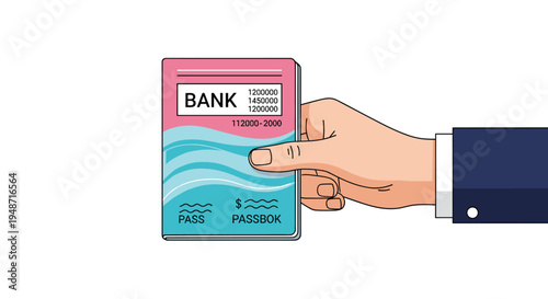 Hand wearing a suit sleeve holds up a pink and blue bank passbook showing account balance information.