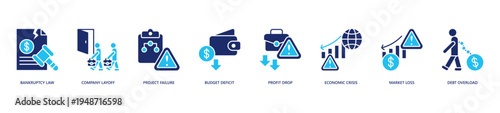 Business Failure Icon Set. Icon set includes Bankruptcy Law, Company Layoff, Project Failure, Budget Deficit, Profit Drop, Economic Crisis, Market Loss, Debt Overload.