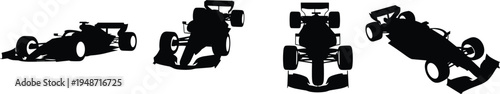 Formula one racing car silhouette set featuring open wheel motorsport vehicles in dynamic angles, high speed race icons isolated on white background