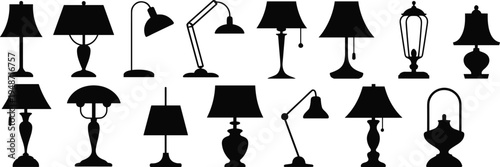 Decorative table and desk lamp silhouette set featuring modern vintage lighting fixtures for home interior decor icons isolated on white background