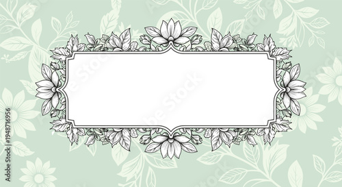 Elegant floral frame featuring intricate hand-drawn botanical sketches on a calming pale green background with faded leaf patterns.
