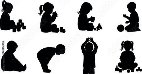 Children silhouette collection showing kids playing, sitting, building blocks, drinking and interacting with toys, black shadow figures isolated on white background vector illustration set