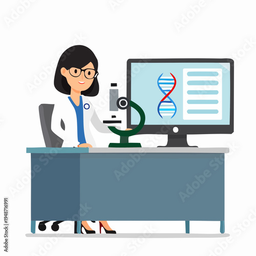 Female scientist in white lab coat working with microscope and computer displaying DNA strand in research laboratory setting, symbolizing medical research and scientific discovery