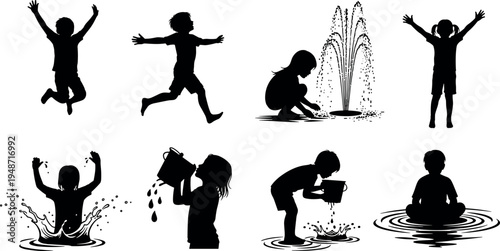 Children silhouette set playing, jumping and splashing water near fountain, happy childhood activity concept isolated on white background, playful lifestyle illustration collection