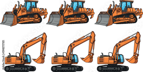 Construction machinery collection with bulldozers and excavators in different angles, heavy equipment vehicles isolated on white background, industrial engineering vector illustration set