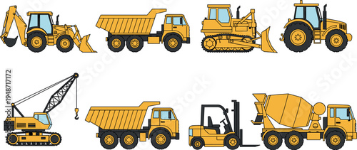 Construction vehicles collection including backhoe loader, bulldozer, dump truck, crane, forklift, tractor and concrete mixer, heavy machinery set isolated on white background vector illustration