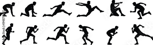 Running athlete silhouette collection featuring sprint start jump and running poses, male track and field sport vector icons isolated on white background