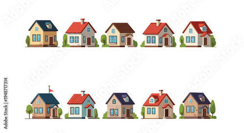 Collection of diverse suburban house designs featuring various roof styles and colors presented in two neat horizontal rows on a white background.