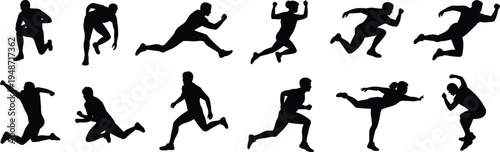 Running athlete silhouette collection with sprinting jumping and dynamic action poses, male and female track sport figures isolated on white background for fitness design