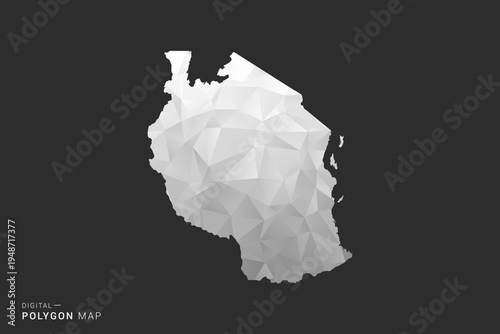 Tanzania Map - Polygon style vector illustration in black, gray and white low poly geometric design, minimal silhouette, isolated for infographic.