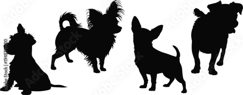 Small dog silhouette collection featuring different domestic pet breeds in sitting and standing poses, cute canine vector icons isolated on white background