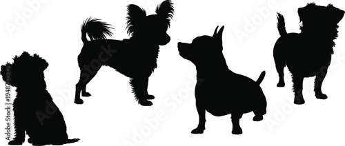 Small dog silhouette collection featuring different domestic pet breeds in sitting and standing poses, cute canine vector icons isolated on white background