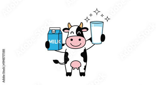 Adorable black and white spotted cartoon cow smiling happily while holding a blue milk carton and a sparkling glass of fresh milk.