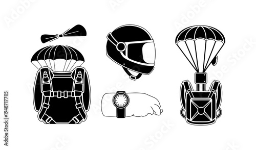 Dynamic monochrome vector icons showcasing crucial skydiving and aerial sport equipment, illustrating the excitement and detailed preparation involved in adventurous descents