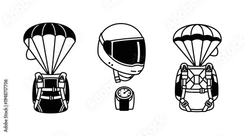 Monochrome vector icons of skydiving equipment deployed parachute, packed rig, helmet, and altimeter. Perfect for extreme sports and adventure activity design projects