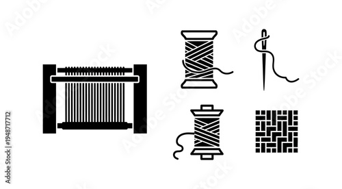 Collection of sewing and crafting icons including a loom, spools of thread, and a needle with thread