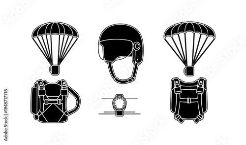 Collection of skydiving equipment including parachutes, helmets, and backpacks for extreme sports and adventure travel