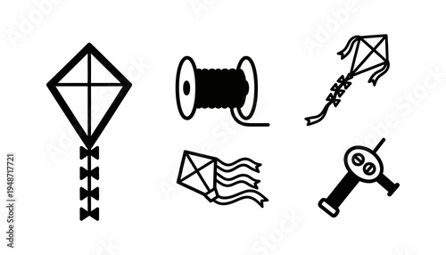 Minimalist vector icons illustrating kite flying elements kites, spools, and winders in black and white. Ideal for outdoor recreation, leisure, and hobby designs