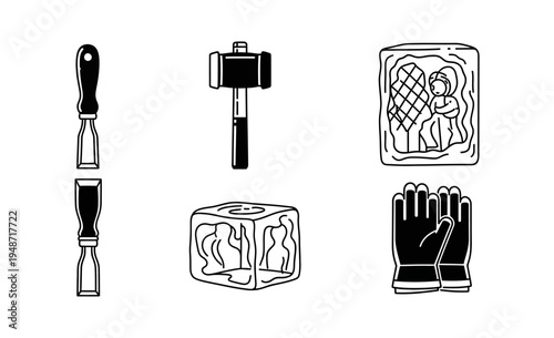 Sculpting and carving line art icons. Features chisels, mallets, protective gloves, and carved artworks, illustrating the artisan's creative craft