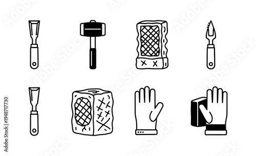 Set of 8 illustrated woodworking and construction tools, including chisels, hammers, and gloves