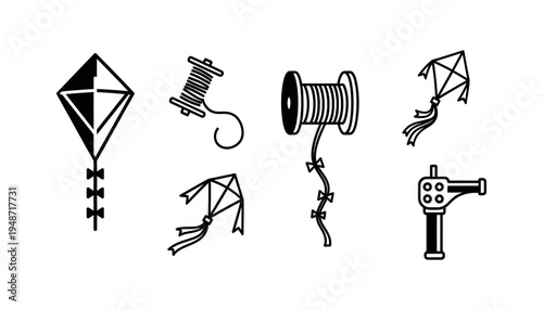 Graphic vector icon set illustrating the delightful concept of kite flying, showcasing various traditional kites and winding tools for outdoor leisure and childhood fun