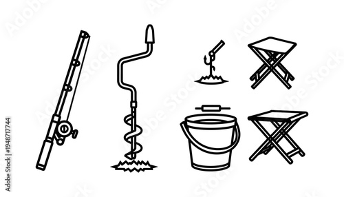 Line art icons showcasing essential fishing equipment rod, ice auger, bucket, and folding stools for outdoor angling, recreation, and hobby graphics