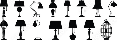Table and floor lamp silhouette collection featuring modern and classic lighting fixtures, decorative home interior lamp icons isolated on white background for design