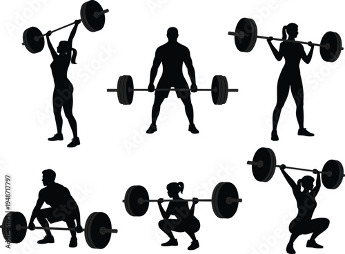 Weightlifting athlete silhouette collection featuring barbell squat deadlift and overhead press exercises, male and female gym fitness training icons isolated on white background