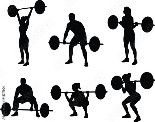 Weightlifting athlete silhouette collection featuring barbell squat deadlift and overhead press exercises, male and female gym fitness training icons isolated on white background