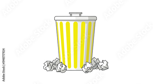 Silver trash bin with yellow stripes surrounded by several balls of crumpled white paper on a plain white background for waste management.