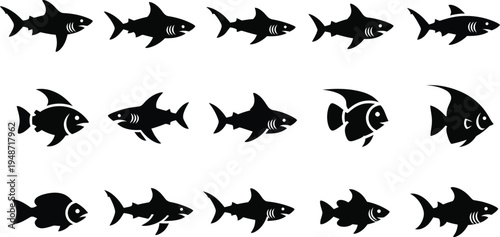 Black silhouettes of various fish on white background shark