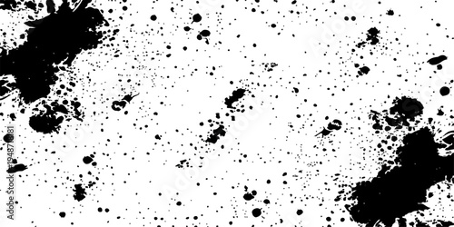 A grunge black ink splat texture featuring a liquid paint splash and artistic brush drip pattern on a white vector illustration background element