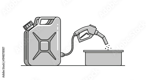 Industrial illustration of a grey gasoline jerrycan with a connected fuel pump nozzle pouring liquid into a shallow rectangular container.