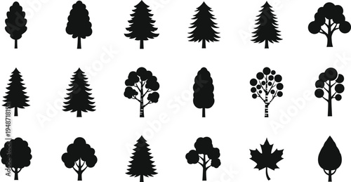 Black silhouettes of various trees on white background tree silhouettes black trees 1 pine trees deciduous trees