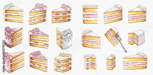 Set of watercolor cake slices with various toppings and layers, perfect for dessert illustrations and bakery designs.