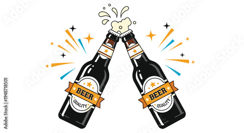 Celebration image of two brown beer bottles clinking together in a toast with splashing foam and bright festive starburst patterns for a party.