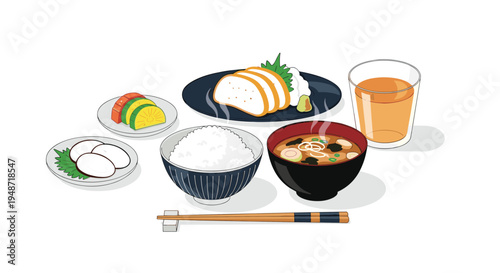 Complete traditional Japanese breakfast set including a bowl of white rice, miso soup, grilled fish, pickles, and a glass of hot tea.