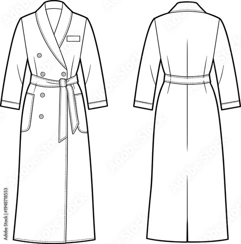 Women belted trench coat technical fashion flat sketch with double breasted buttons and patch pockets, front and back view