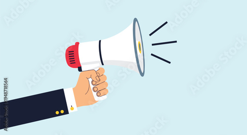 Business suit arm holding a white and red megaphone projecting sound waves against a light blue background for public announcements.